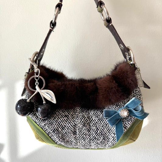 RARE Vintage Y2K Coach Mink Fur & Silk Tweed Mini Soho Bag