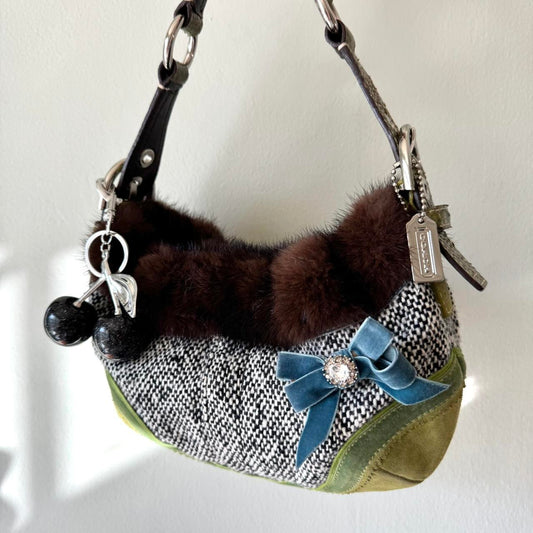 RARE Vintage Y2K Coach Mink Fur & Silk Tweed Mini Soho Bag